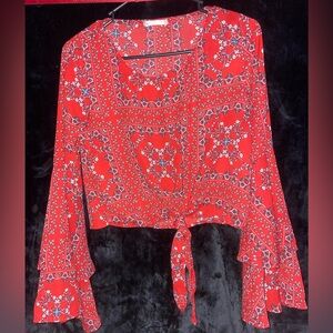 Bohemian Red Floral Blouse with Tie-Front